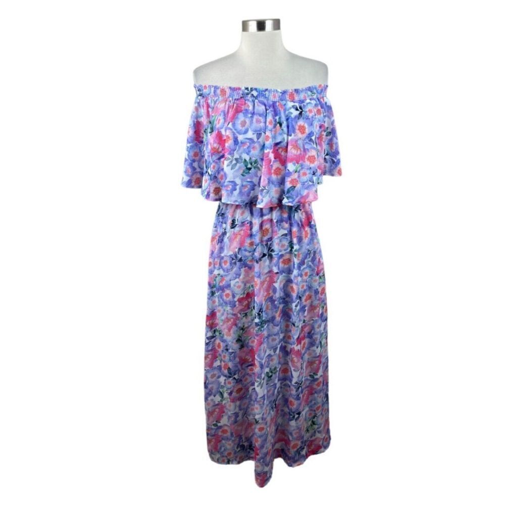 Show Me Your Mumu Purple Floral Boho Off Shoulder Ruffle Hacienda Maxi Dress